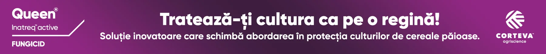 Purple gradient banner advertising Queen Inatreq active fungicide with the slogan 'Tratează-ți cultura ca pe o regină!' and Corteva logo on the right; cereal crop protection theme.