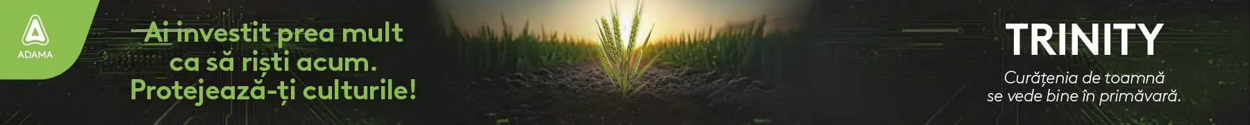 Adama banner showing a young plant sprouting from soil at sunrise, with Romanian slogans about protecting crops and Trinity text on the right.