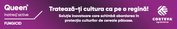 Advertising banner for Queen fungicide by Corteva: Romanian slogan 'Tratează-ți cultura ca pe o regină!' promoting innovative cereal crop protection.