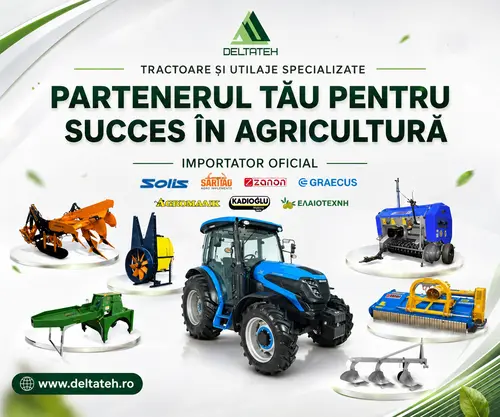 Romanian agricultural equipment ad featuring a blue tractor surrounded by various implements and logos, promoting partnership for success in agriculture (official importer)