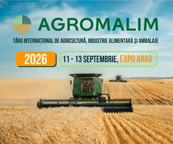 AGROMALIM 2026 poster: international agricultural trade fair in Arad, Sept 11–13, with a green combine harvester over a golden harvest field.
