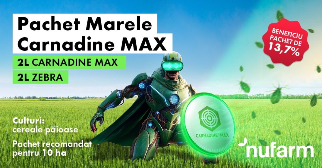 Promotional banner: a green-armored hero with a glowing shield stands in a sunny crop field, advertising Carnadine MAX package and Nufarm logo.