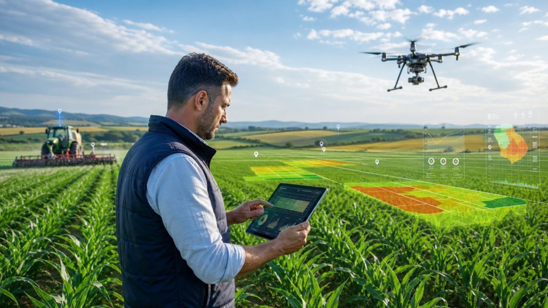 Agricultor monitorizând cultura cu o tabletă, în timp ce o dronă survolează câmpul de porumb