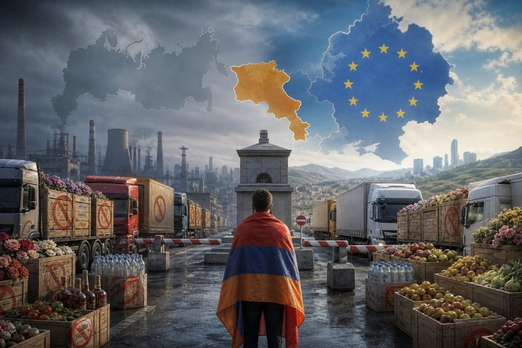 Armenia acoperită de steagul UE, cu camioane blocate la o barieră și marfă în jur