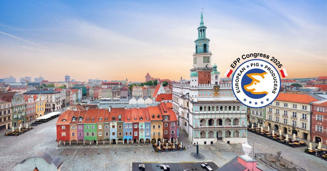 Aerial view of a European town square with a row of colorful houses, a tall ornate building, and a large circular badge reading 'European Pig Producers' for the EPP Congress 2026.