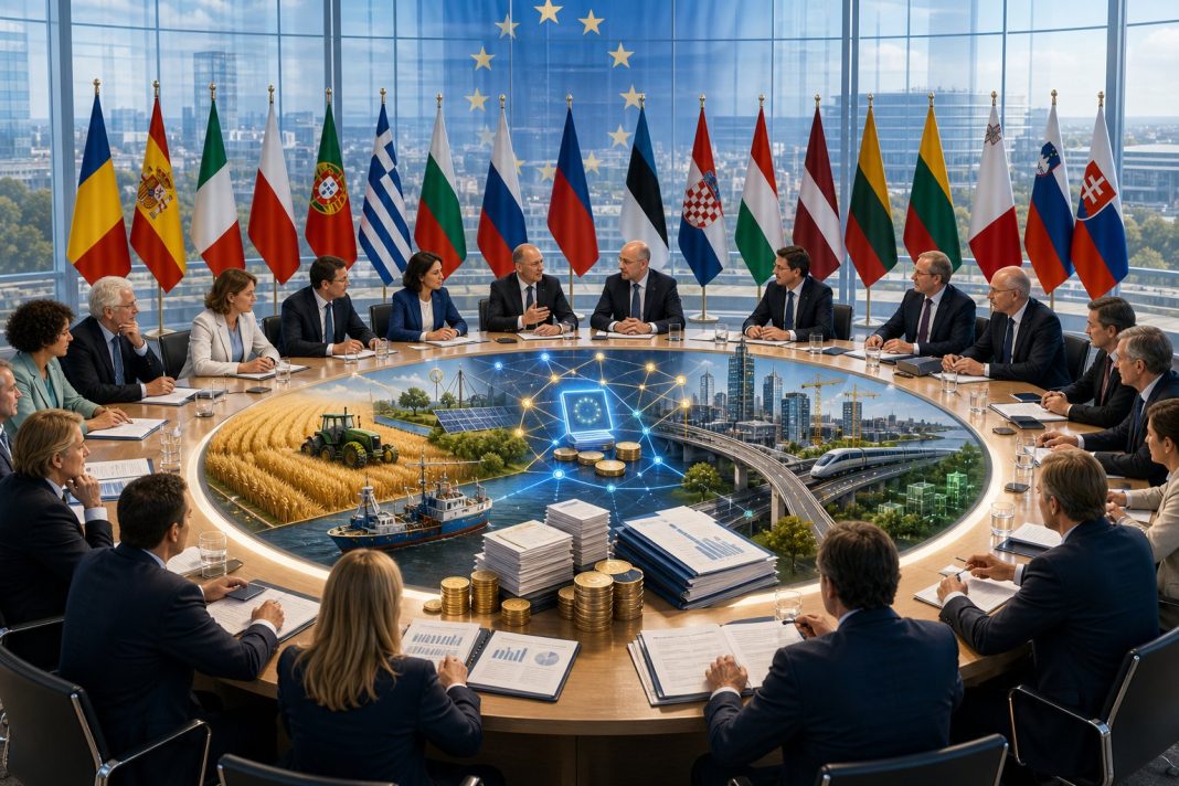 Reuniune a liderilor UE în jurul unei mese cu simboluri pentru agricultură, transport, finanțe și infrastructură