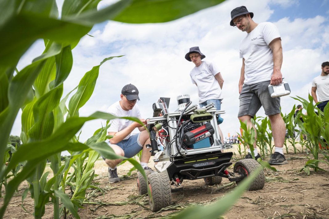 Team of students in white shirts inspecting a wheeled robotics rover in a cornfield on a sunny day for an outdoor competition/experiment