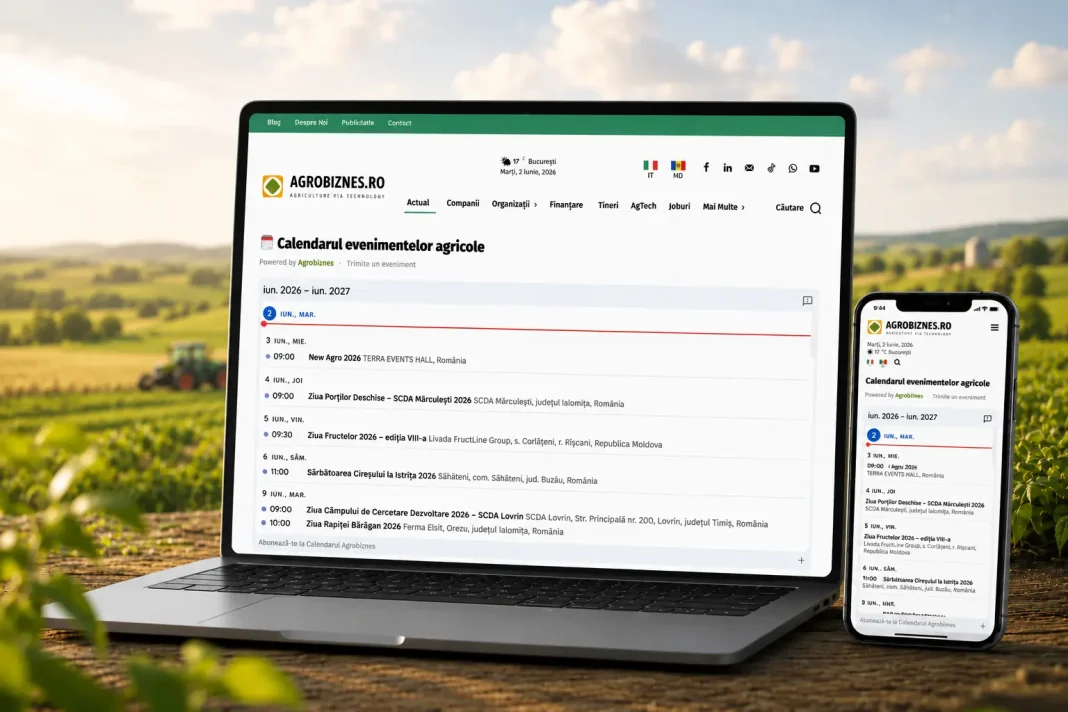 Laptop and smartphone display the Agrobiznes.ro agricultural events calendar against a sunny farm field backdrop.