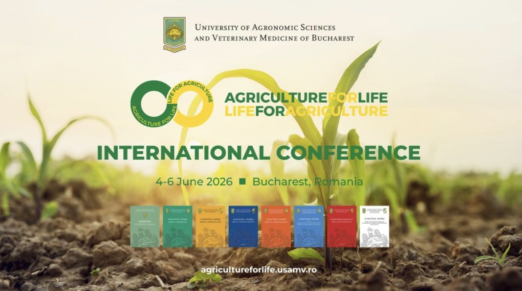 Poster advertising the International Conference on Agriculture for Life, Life for Agriculture, June 4–6, 2026 in Bucharest, Romania.