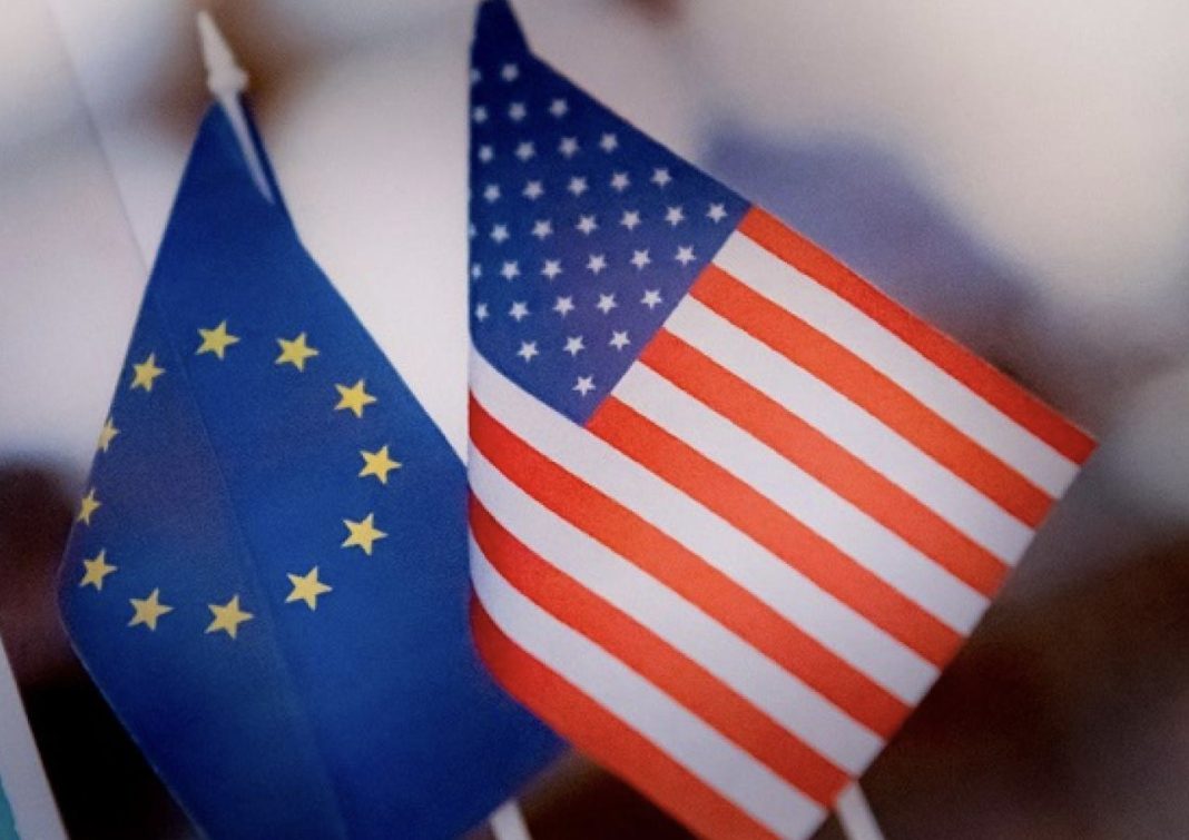 European Union flag (blue with yellow stars) beside the United States flag, symbolizing transatlantic relations.
