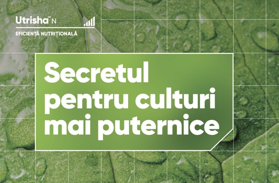 Green banner with bold white Romanian text 'Secretul pentru culturi mai puternice' and logo in the top-left on a leaf background, with a white border.