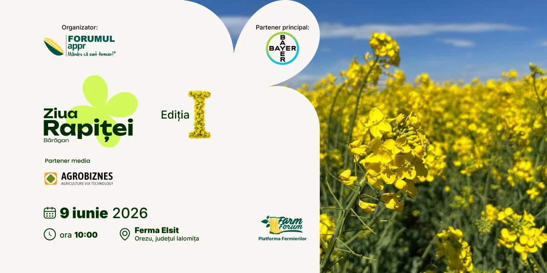Poster for Ziua Rapitei event with logos (Organizator: Forumappr, Parteneri: Bayer, AgroBIZNES) and date 9 iunie 2026; yellow canola field background on right.
