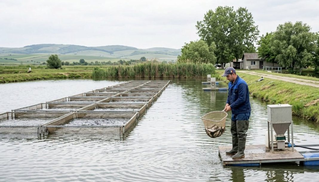 Fisherman on a floating platform scoops fish from a pond using a net at a fish farm in a rural setting.