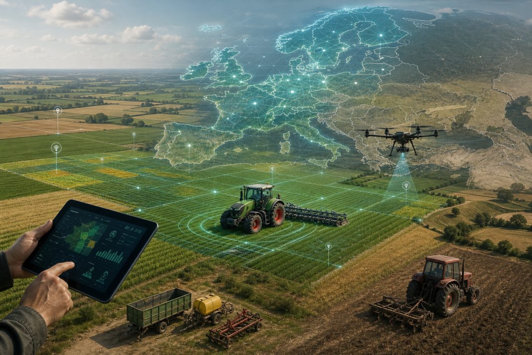 Agricultură de precizie: tractor, dronă și tabletă monitorizează culturile pe o hartă digitală a câmpurilor Europei