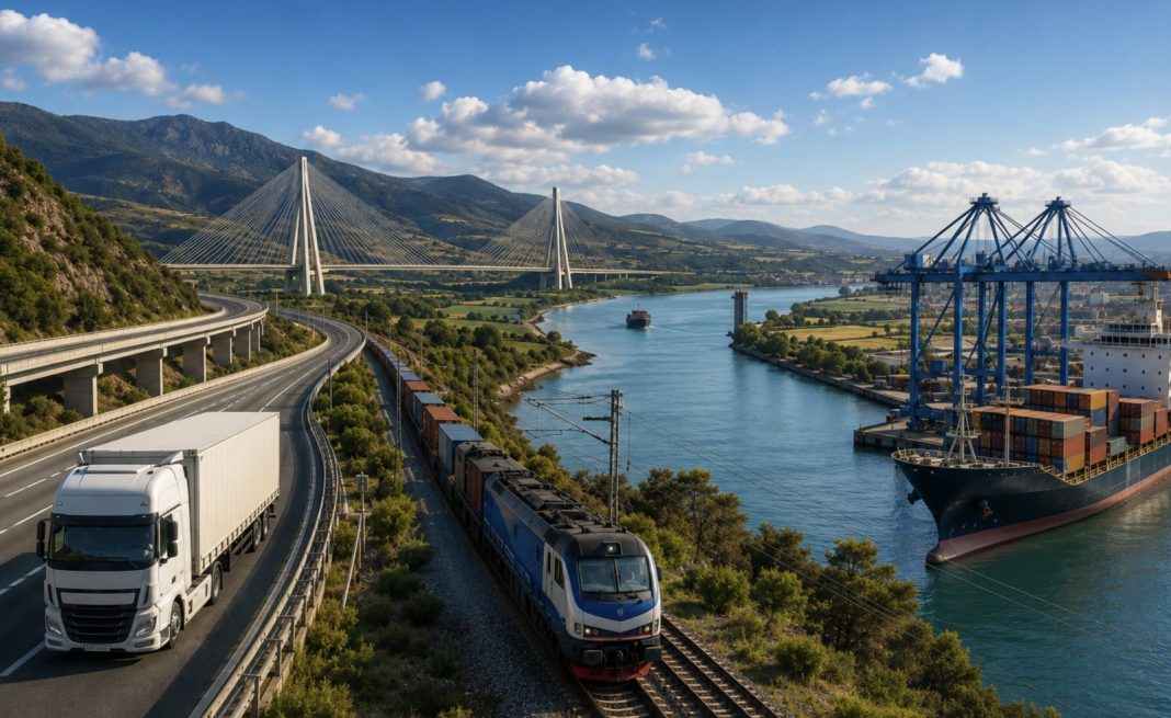 A freight truck on a curved highway beside a railway with a blue diesel train, overlooking a river and a cable‑stayed bridge in a mountainous landscape.
