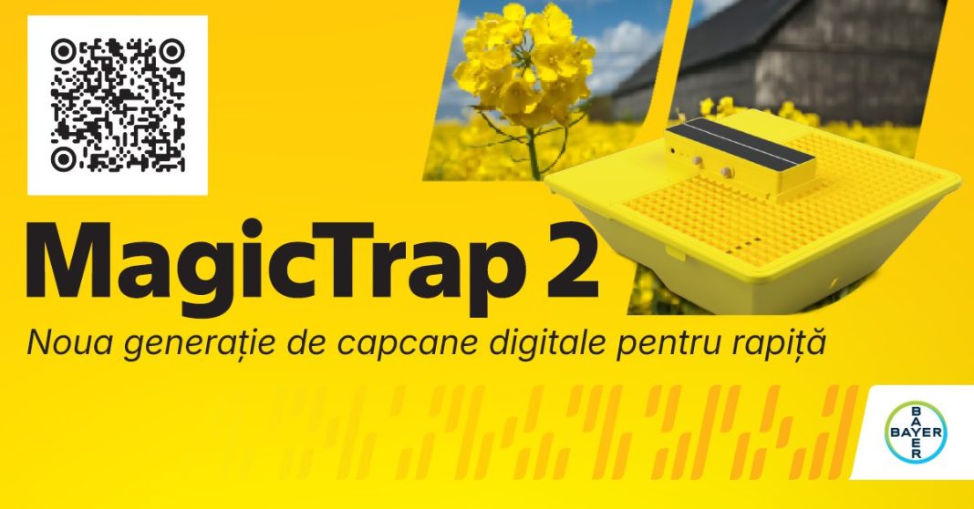 Banner advertising MagicTrap 2: a yellow digital trap with a QR code on the left, canola field background, and Bayer logo.