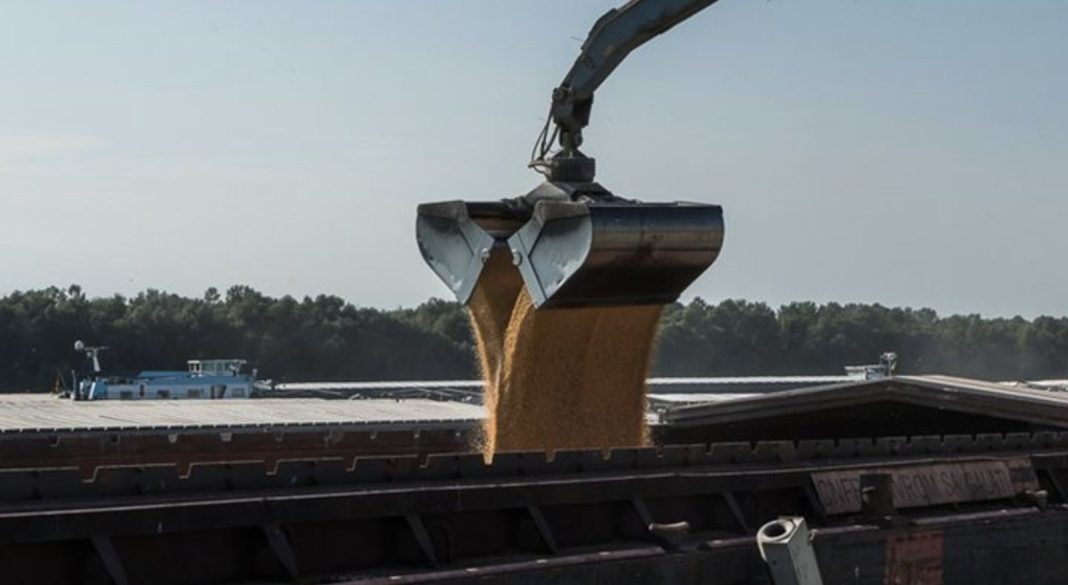 Excavator bucket dumping grain into a barge on a waterfront, with trees in the background and a loading dock nearby