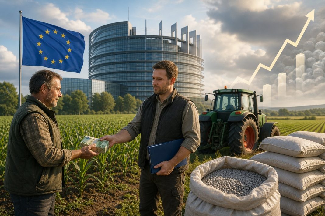 Sprijin financiar pentru agricultură în UE, cu fermieri pe câmp, tractor și clădirea Parlamentului European în fundal