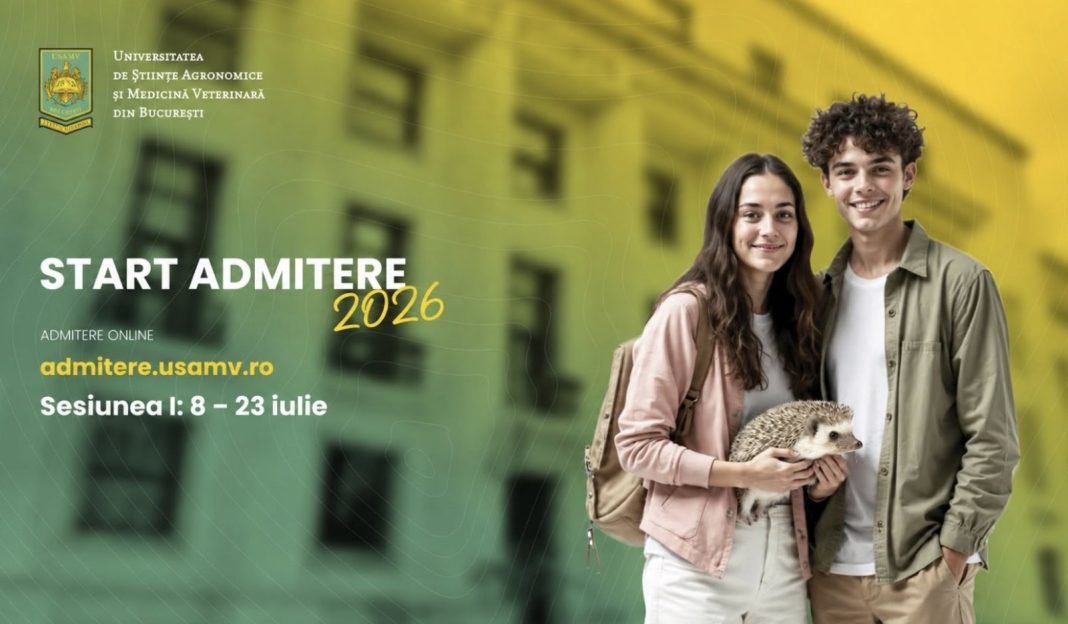 Two smiling students stand together holding a hedgehog, in front of a green-yellow gradient background with the university crest and 'START ADMITERE 2026' text.