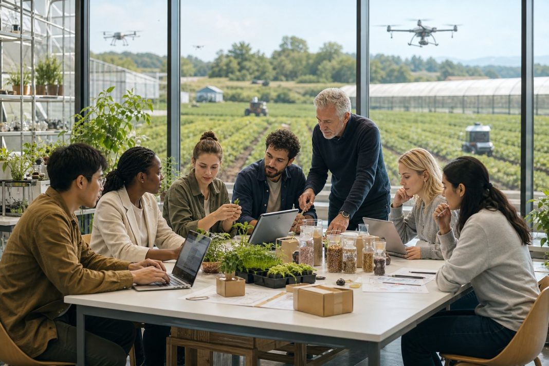 Echipă de șapte persoane discută într-o seră, înconjurată de plante, laptopuri și drone care survolează culturile