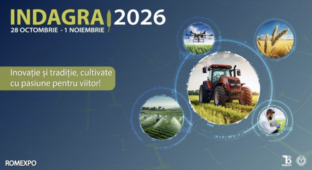 Promotional banner for INDAGRA 2026 with a red tractor surrounded by circular images of crops, drone, irrigation and a researcher, and Romanian slogan about innovation and tradition.