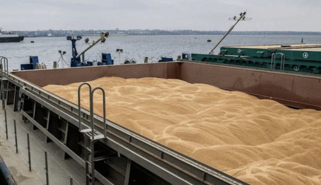 Cargo hold loaded with golden grain (wheat) on a ship at the dock, with the sea in the background, and port equipment nearby.